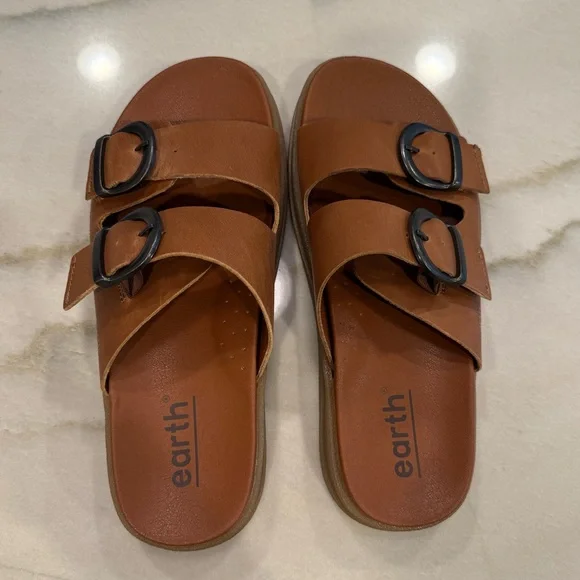 Earth Lory Slide Sandals Size 8 Brown Leather Buckles - Picture 6 of 13